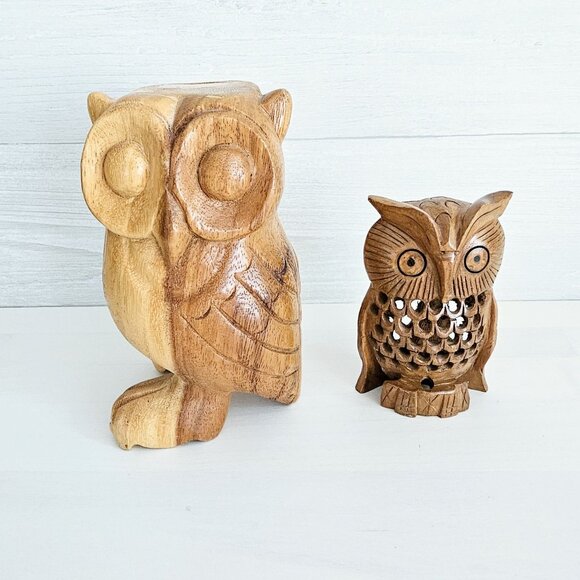 Set Of Two Carved Wooden Owls - Picture 2 of 10